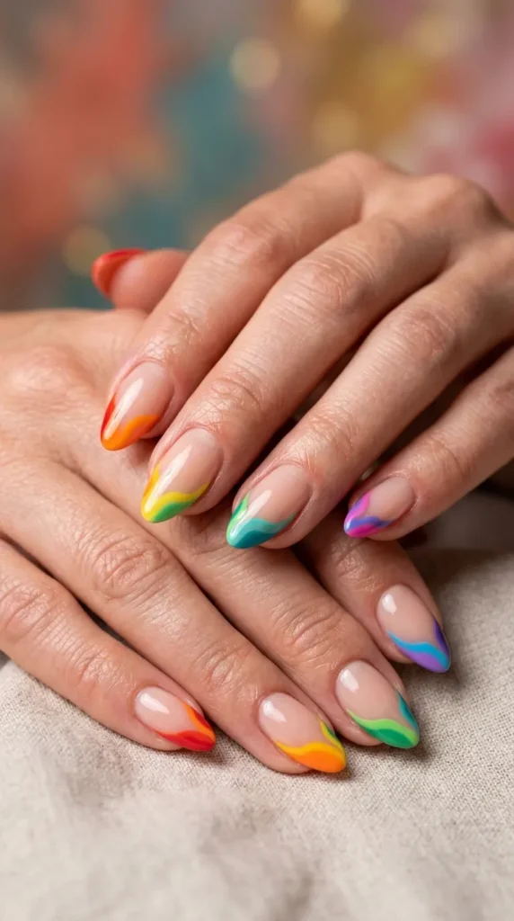 Rainbow French Tips with Wavy Edges