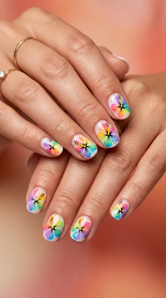 Rainbow Hibiscus Nail Art