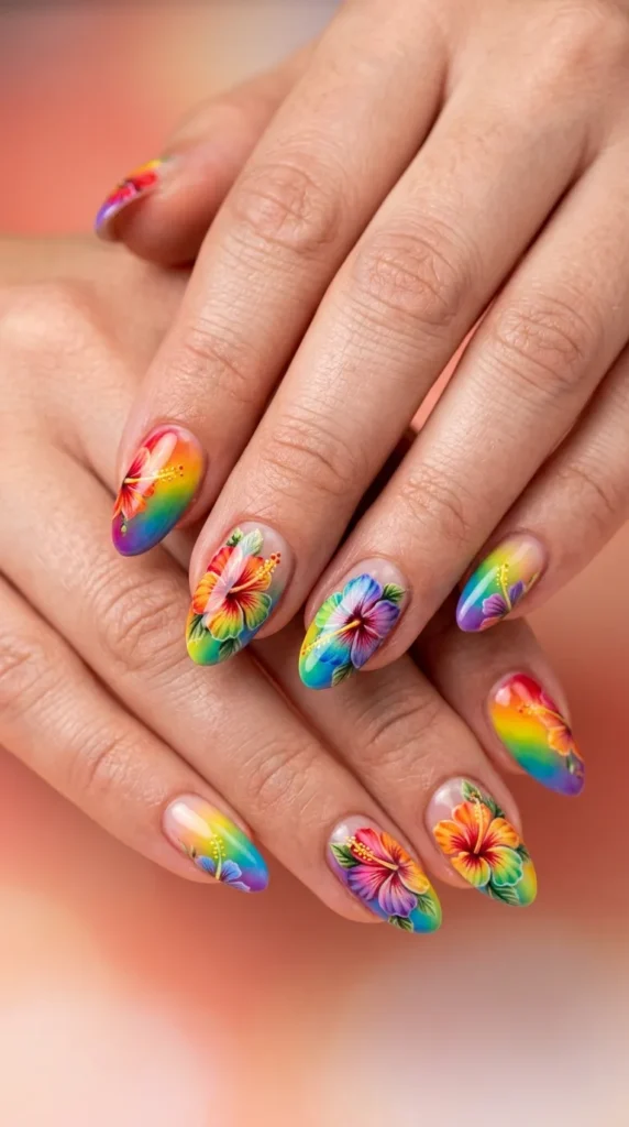 Rainbow Hibiscus Nails