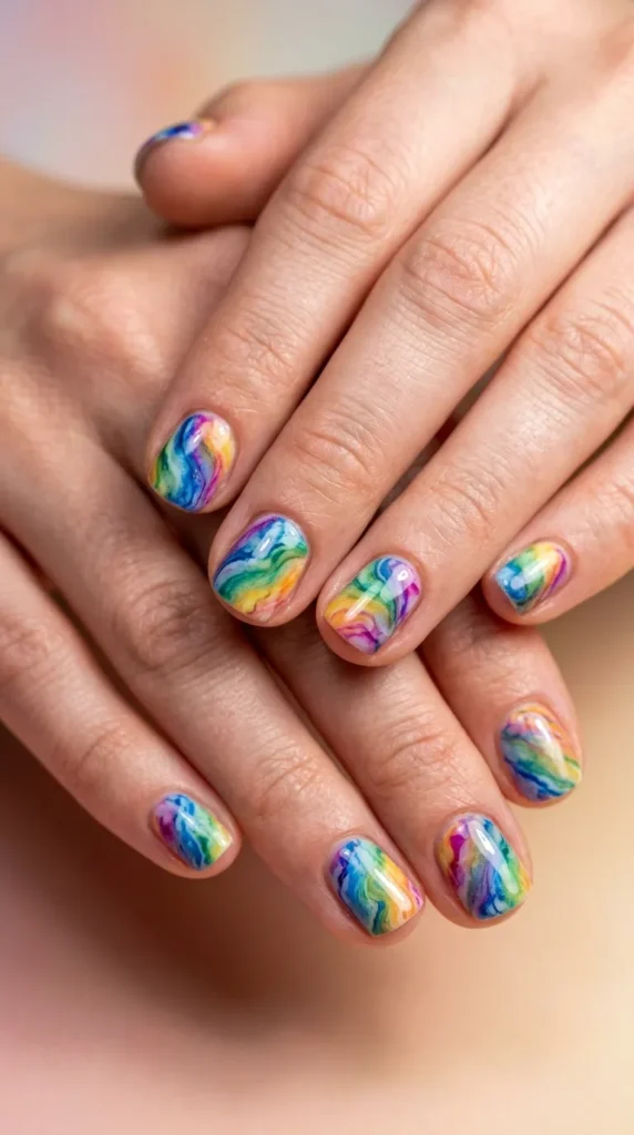 Rainbow Marble Short Nails