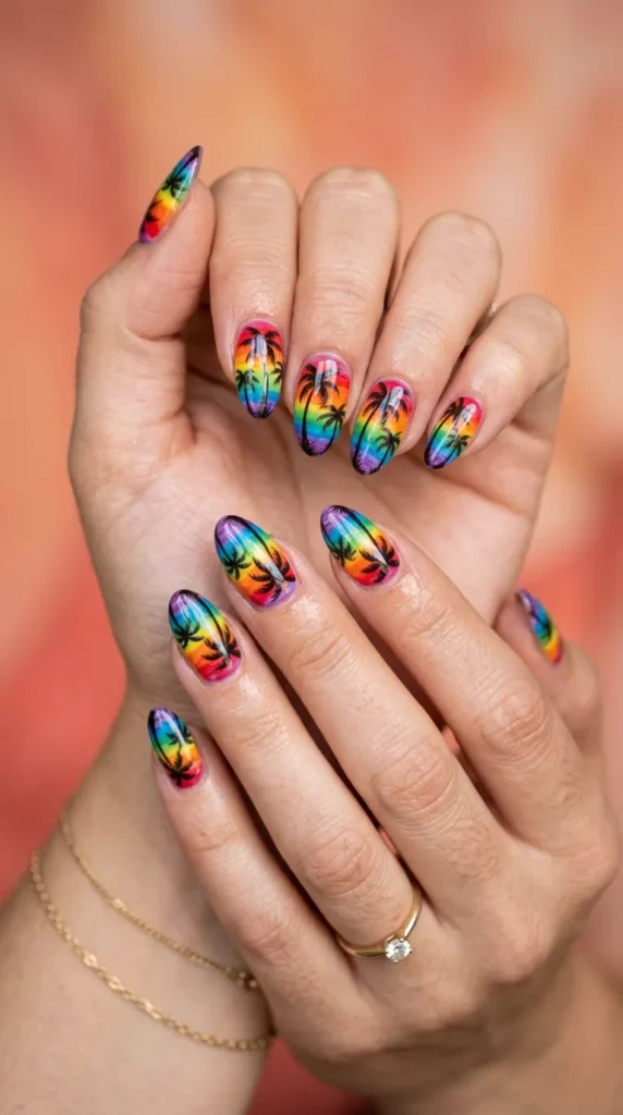 Rainbow Palm Tree Vacation Nails