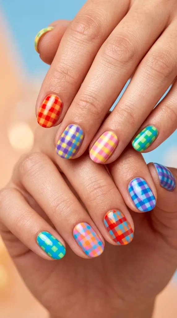 Rainbow Picnic Gingham Nails