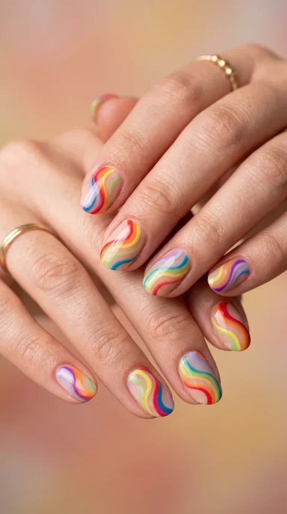 Rainbow Ribbon Swirl Nails