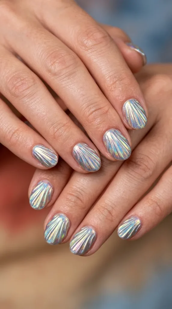 Rainbow Seashell Chrome Nails
