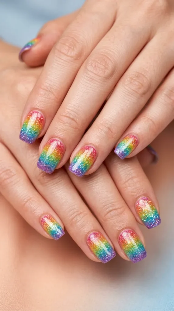 Rainbow Sparkle Ombre Nails