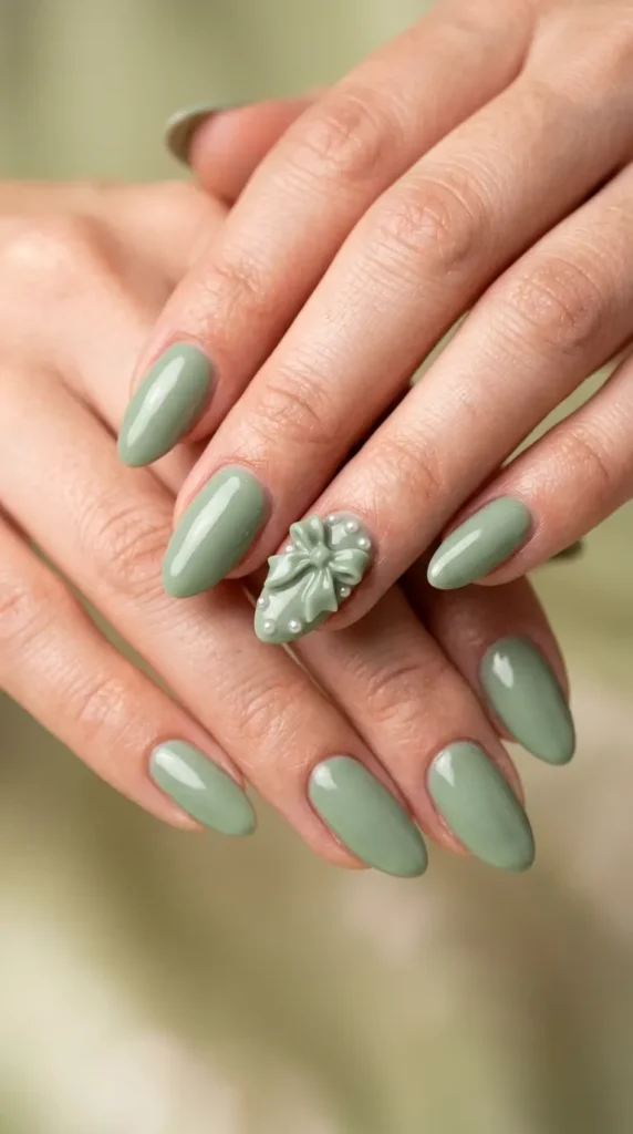 Sage Green Coquette Bow Nails