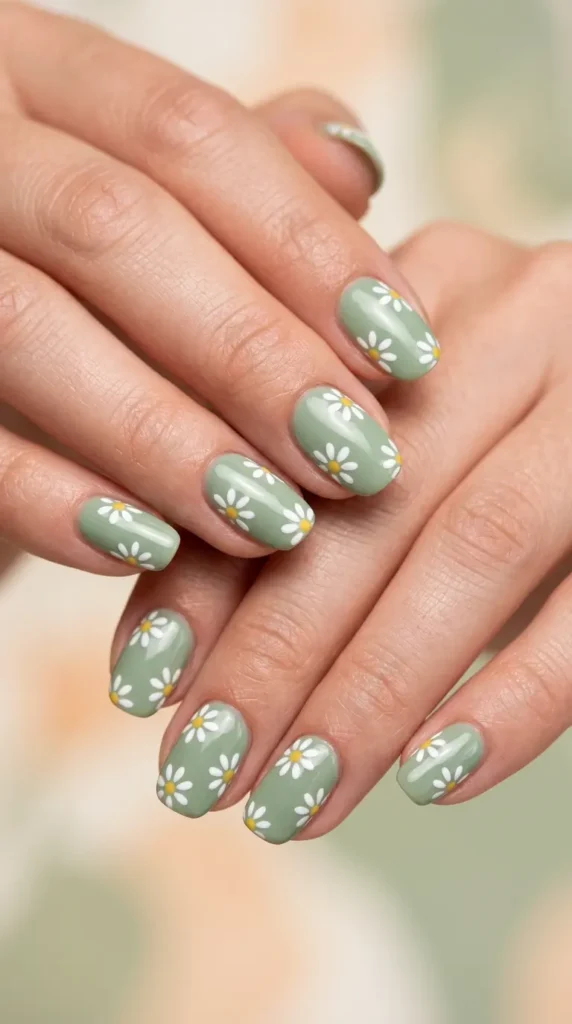Sage Green Daisy Nail