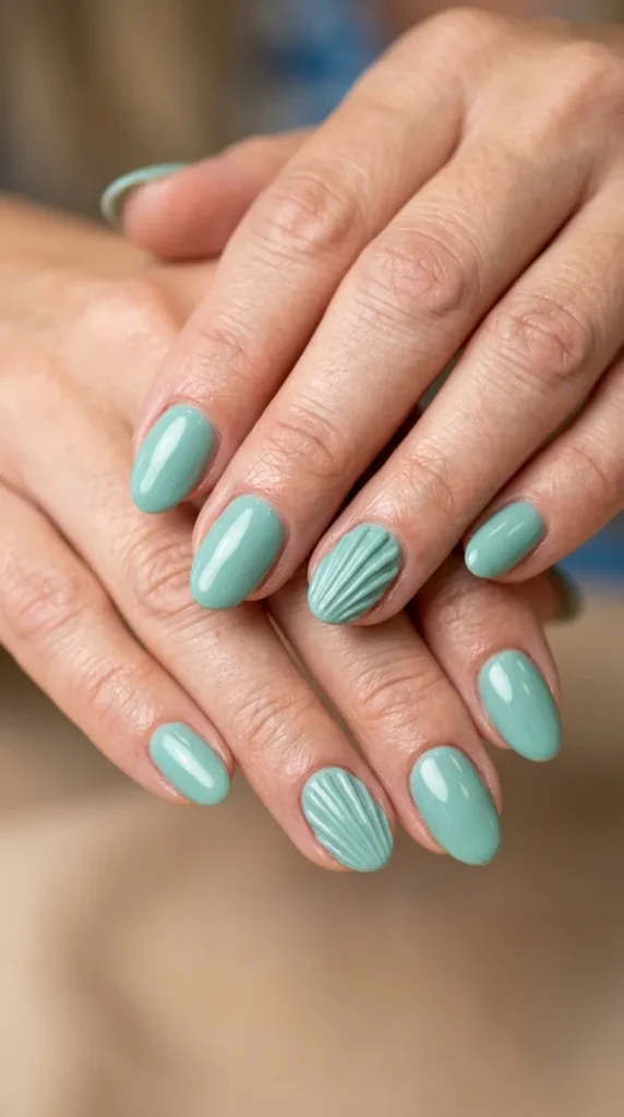 Seafoam green seashell accent nails