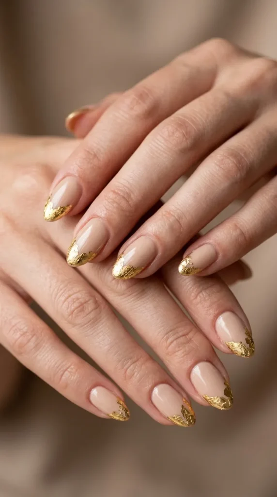Short Almond Nails with Gold Foil Tips