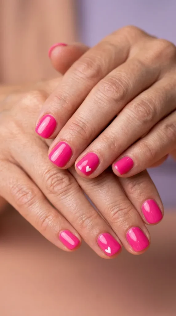 Short Hot Pink Summer Nails with Tiny Hearts