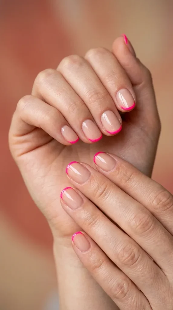 Short Nude Nails with Neon Tips