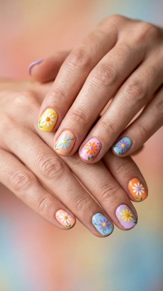 Short Rainbow Daisy Nails