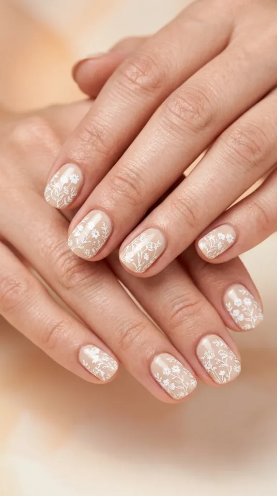 Soft Beige Nails with White Floral Stamping