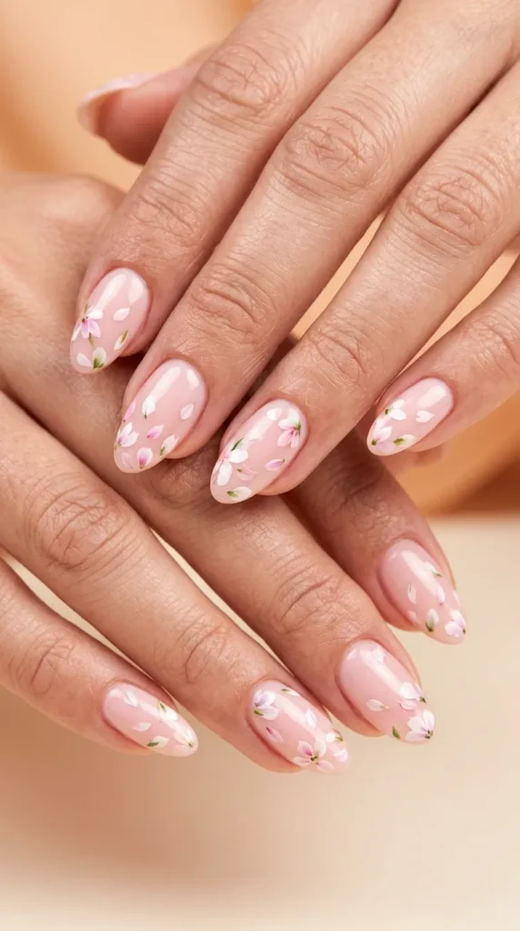 Soft Blush Nails with Scattered Petal Art