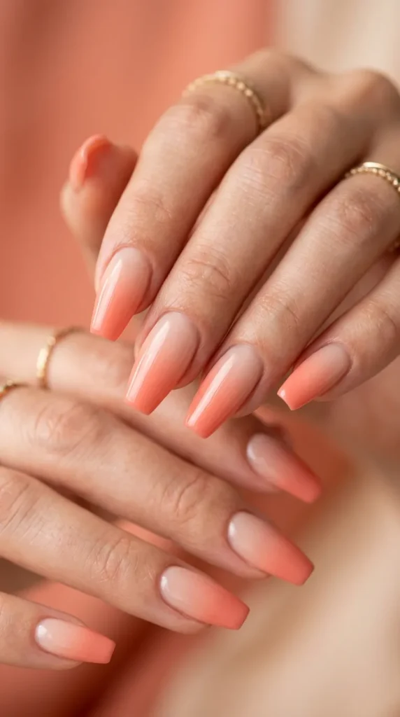 Soft coral ombré coffin nails