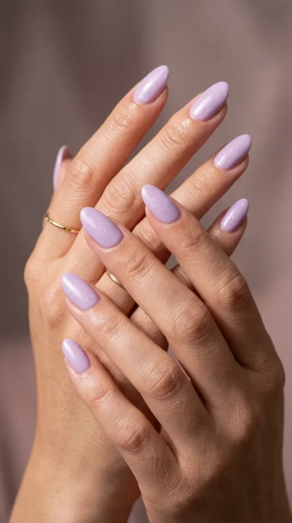Soft lilac almond nails with shimmer dust