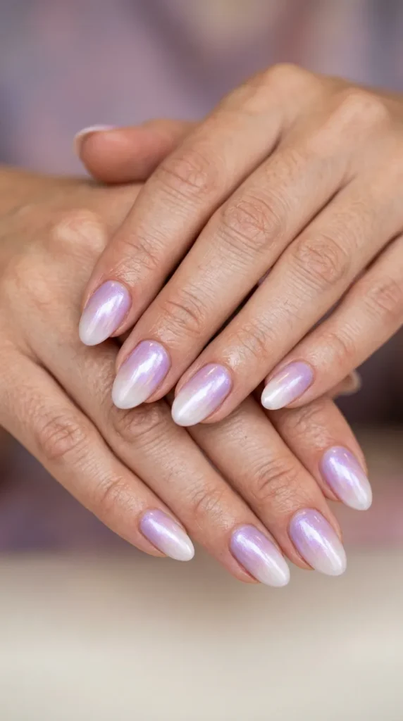 Soft lilac to pearl white elegant nails