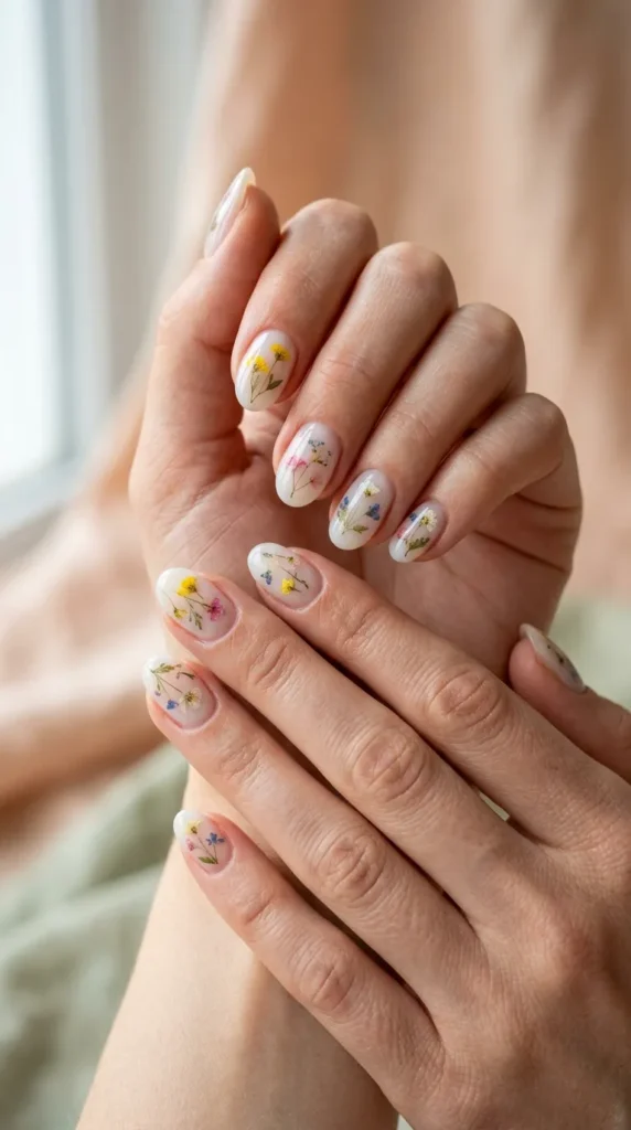 Soft Milky Nails with Tiny Dried Flowers