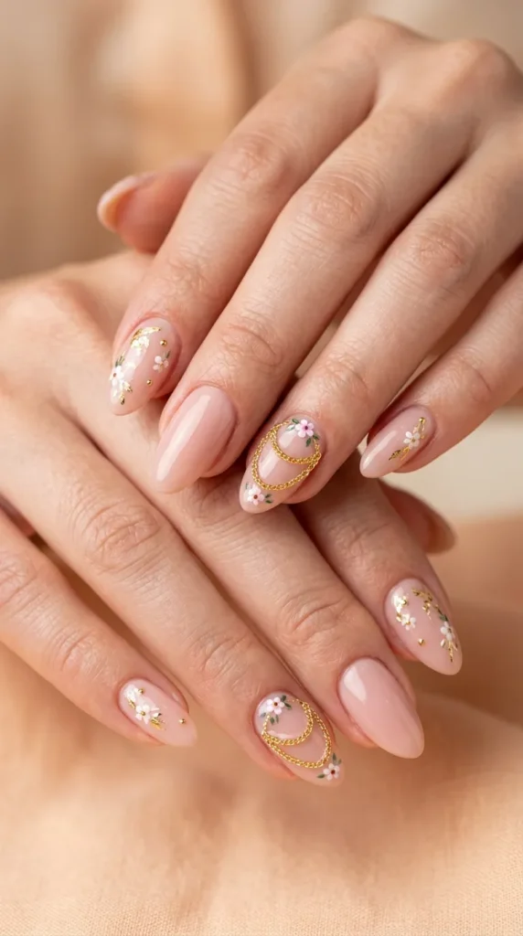 Soft Nude Nails with Gold Floral Chains