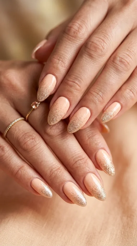 Soft peach almond nails with glitter fade