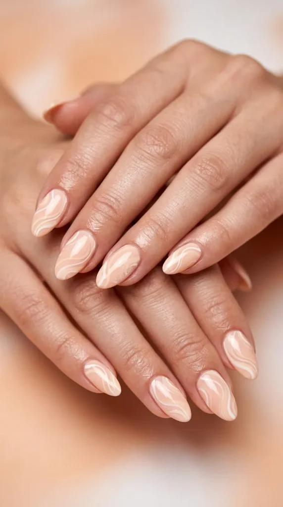 Soft peach and white swirl nails