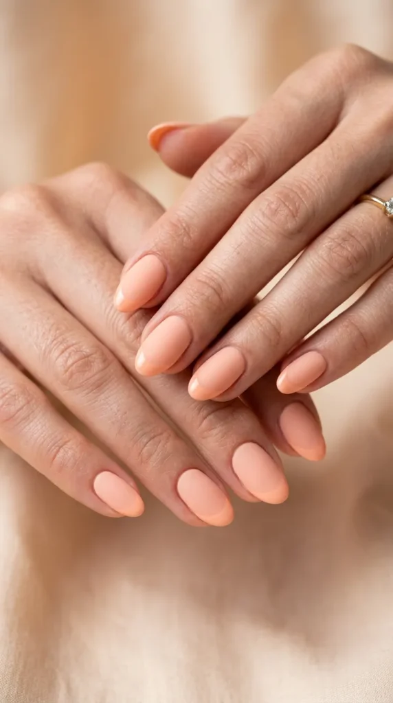 Soft peach matte nails with gloss top French tip