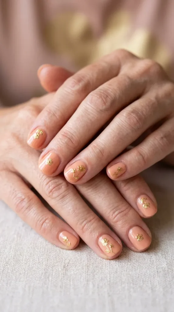 Soft Peach Nails with Tiny Gold Flowers