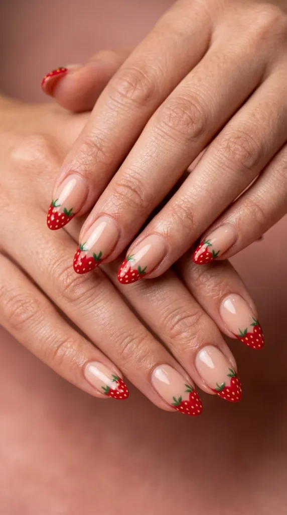 Strawberry French tips on nude almond base