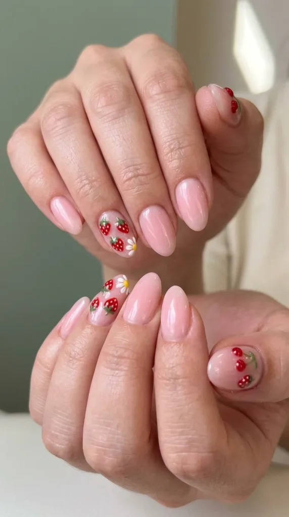 Strawberry milk nails with tiny fruit art