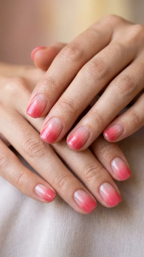 Strawberry pink glossy ombre nails
