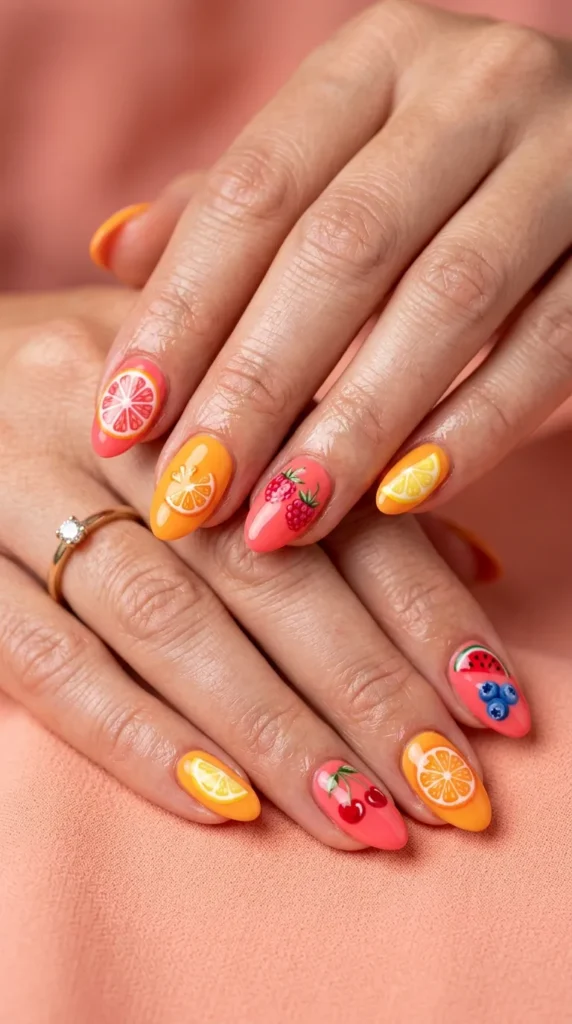 summer fruit pink-orange nails