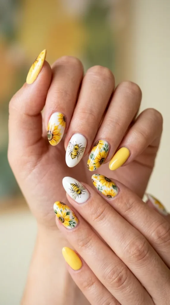 Sunflower + Bee Theme Nail Design