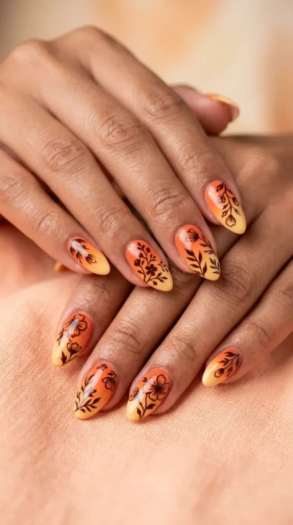 Sun-Kissed Orange Floral Ombre Nails