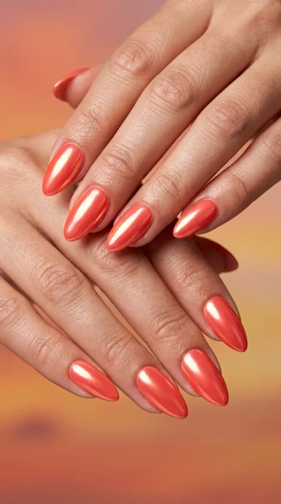 Sunset coral chrome almond nails