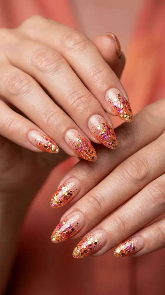 Sunset glitter fade almond nails