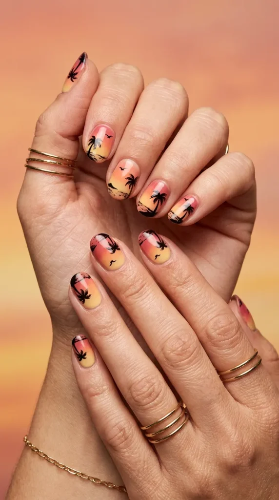 Sunset Palm Tree Nails