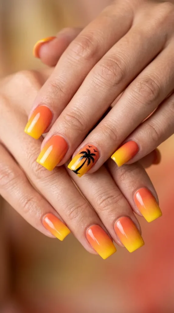 Sunset Palm Tree Square Nails