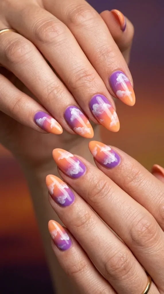 Sunset sky nail art with cloud detailing