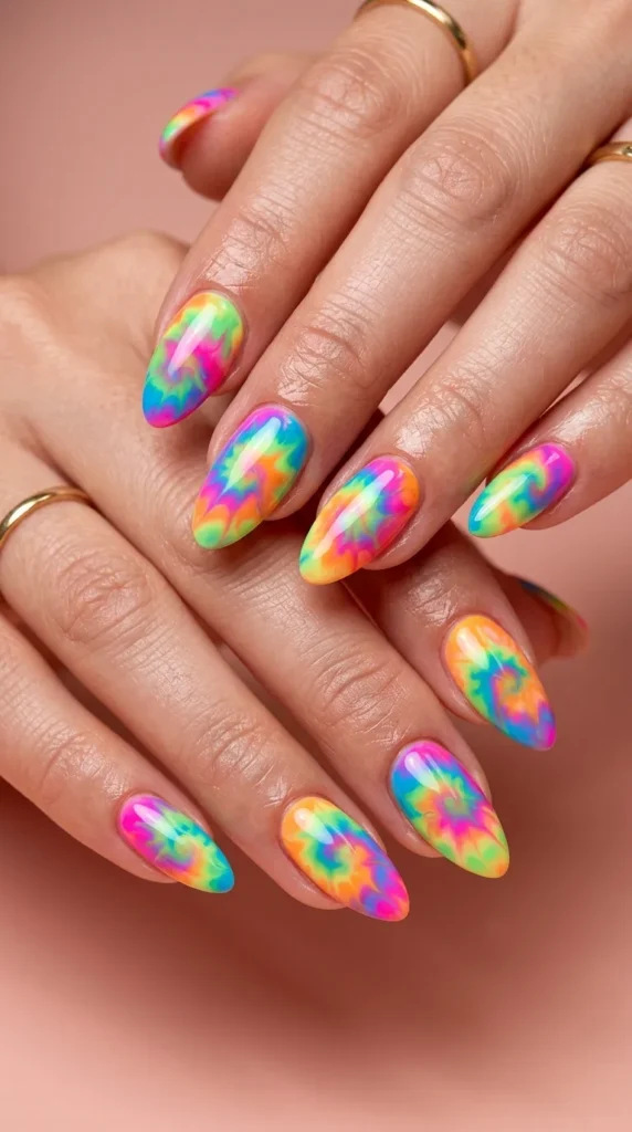 Tie-dye swirl neon summer nails