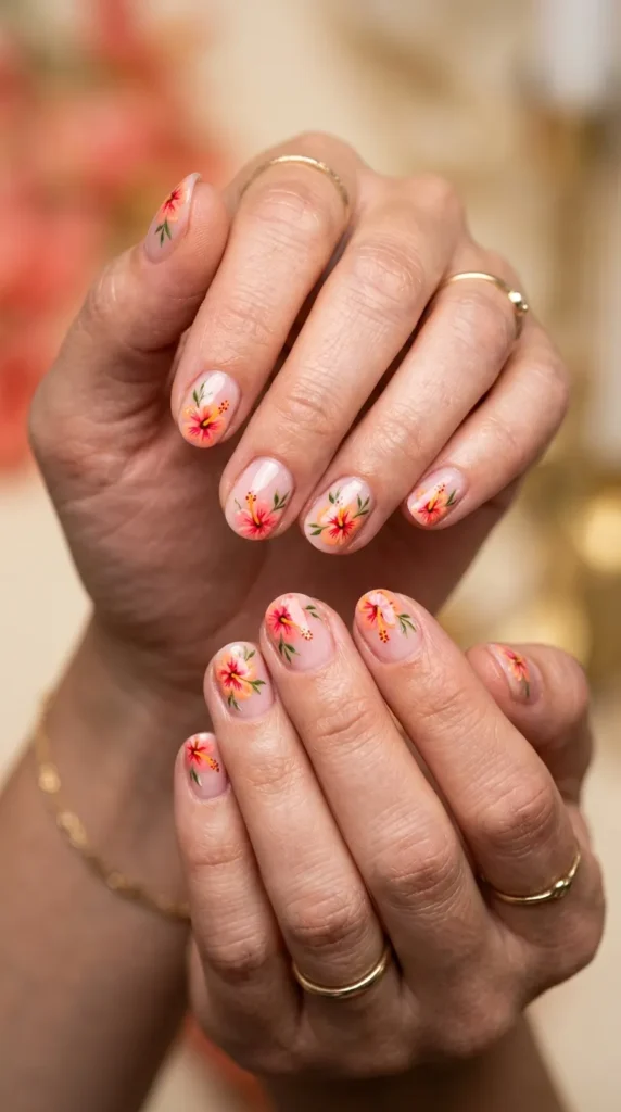 Tiny Hibiscus Flower Nails