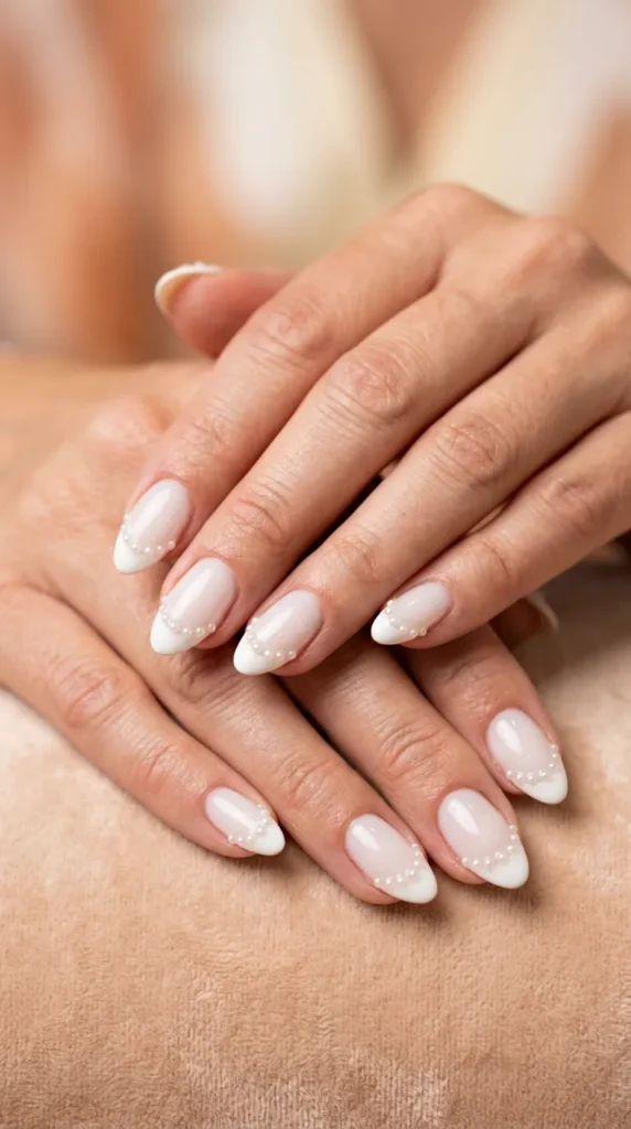 Tiny pearl-accent milky French manicure