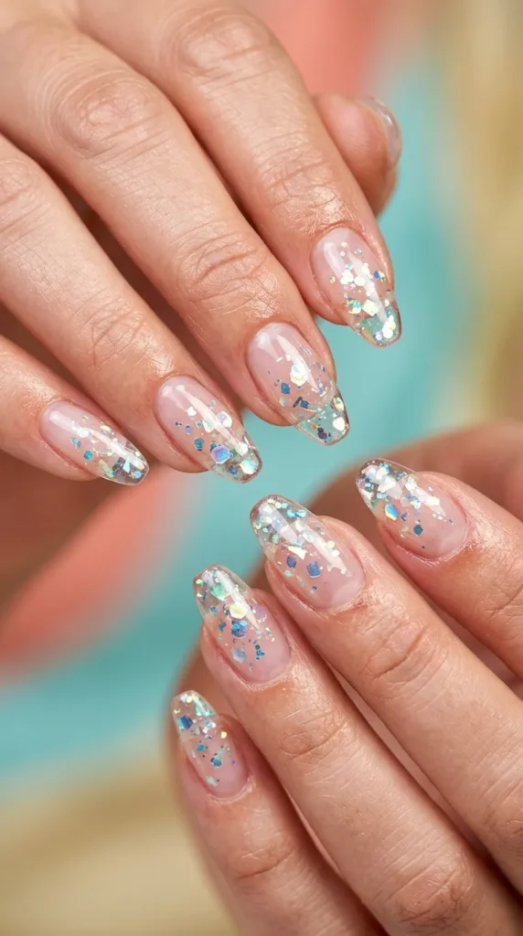 Transparent jelly nails with glitter flakes