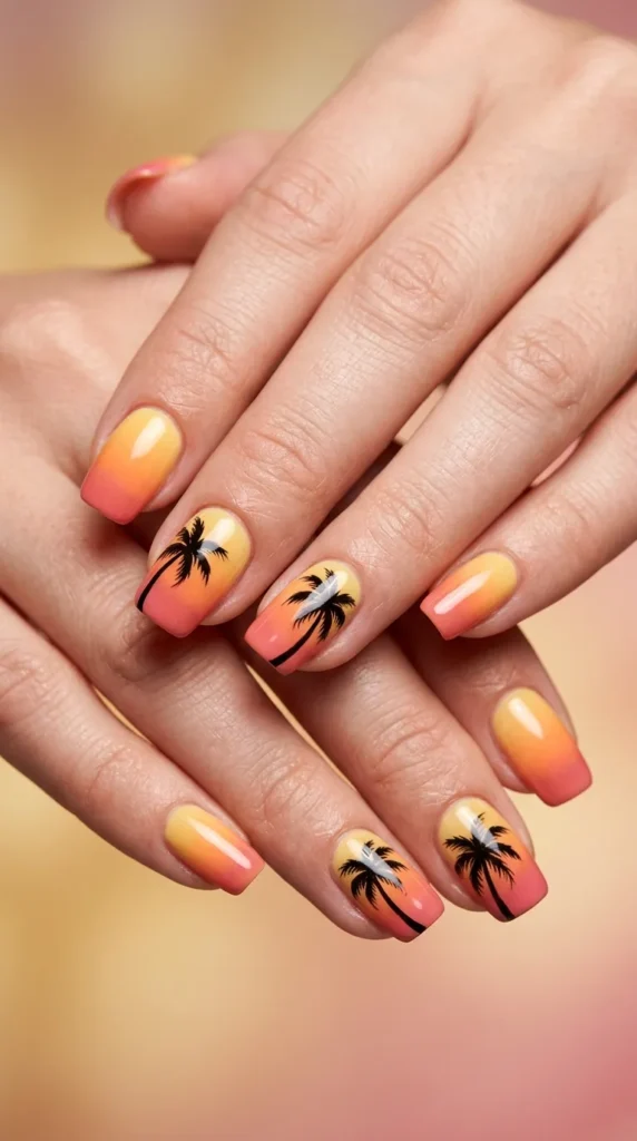 Tropic sunset palm tree silhouette nails