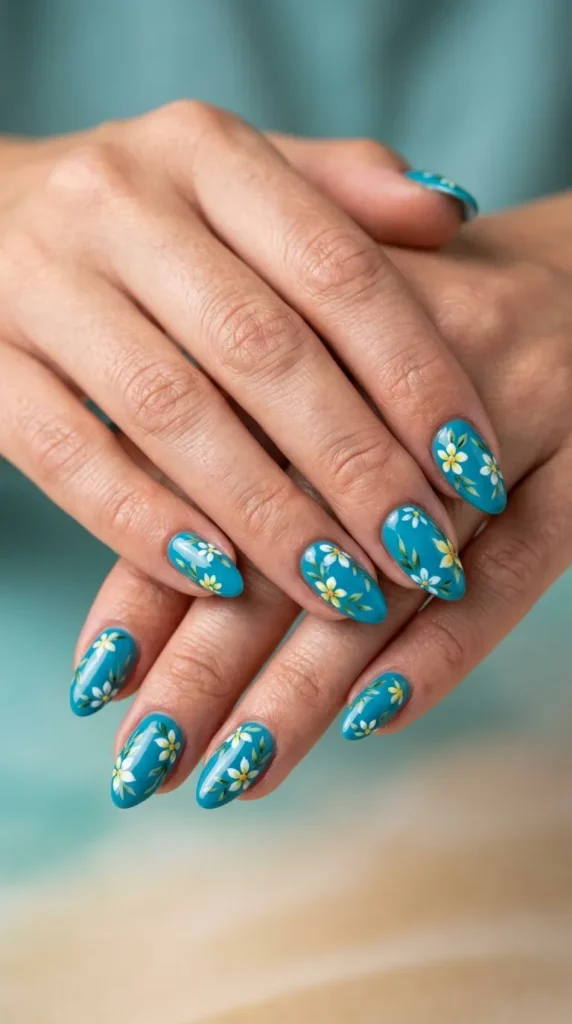 Tropical Blue Floral Nails