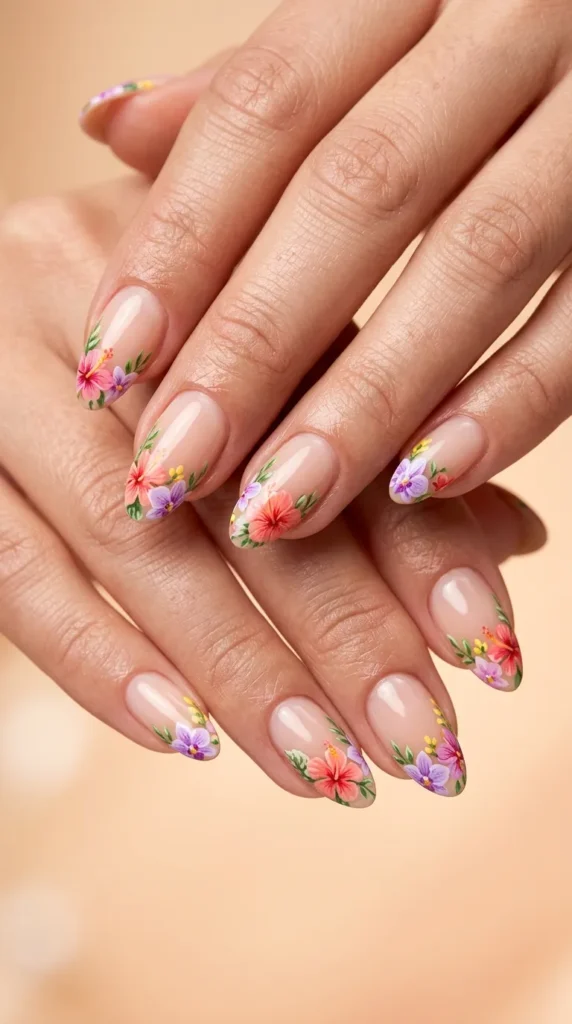 Tropical Floral French Manicure