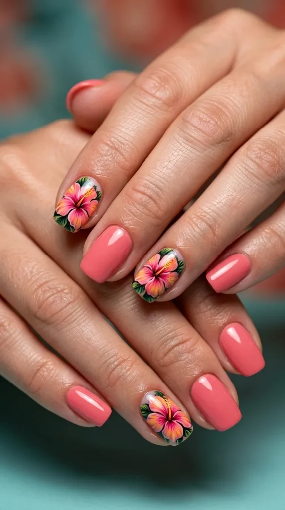 Tropical hibiscus accent nail set