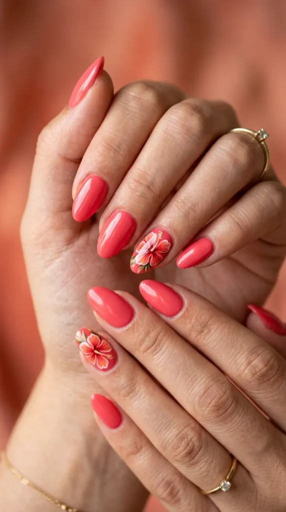 tropical hibiscus accent nails in coral pink