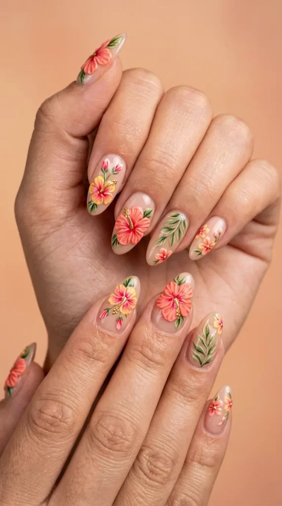 Tropical Hibiscus Floral Nails