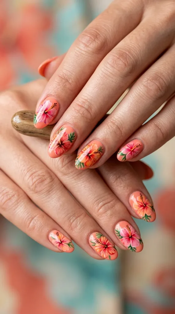 Tropical Hibiscus Flower Nails