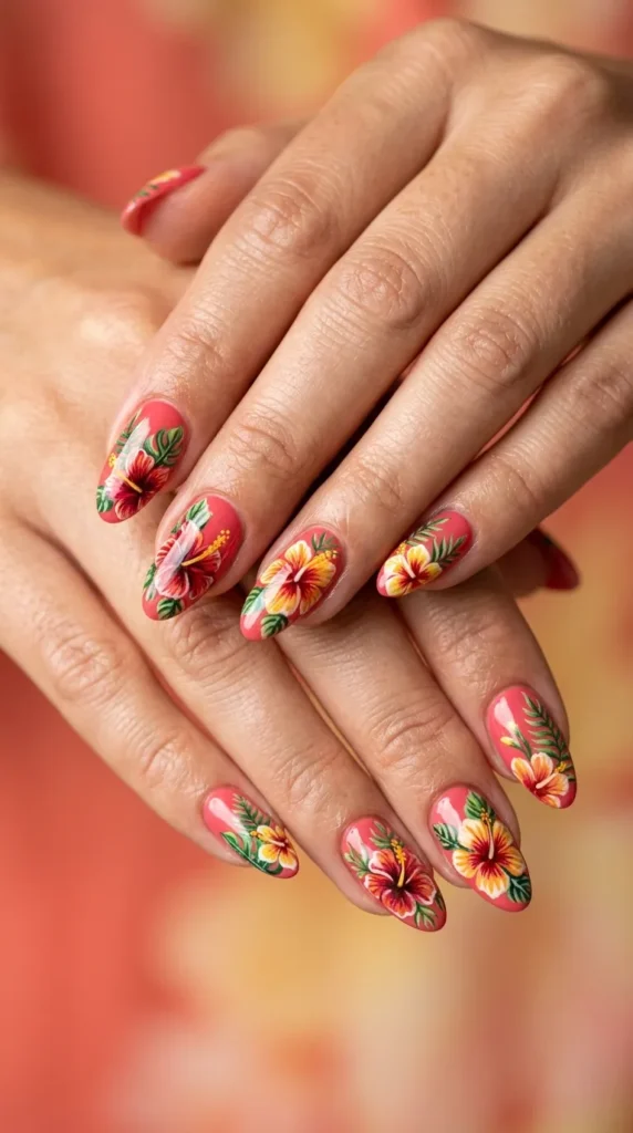 Tropical Hibiscus Nail Designs